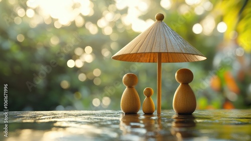 Wallpaper Mural Natural-Themed Wooden Family Figurines Under an Umbrella on a Reflective Surface, Surrounded by Sunlight and Bokeh, Symbolizing Unity, Care, and Protection in a Warm Atmosphere Torontodigital.ca