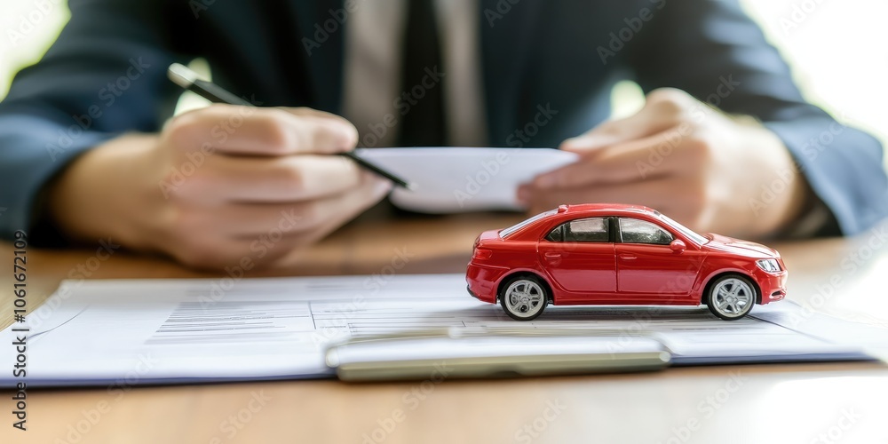 Fototapeta premium An insurance professional explains car insurance benefits in an auto dealership environment, focusing on vehicle protection.