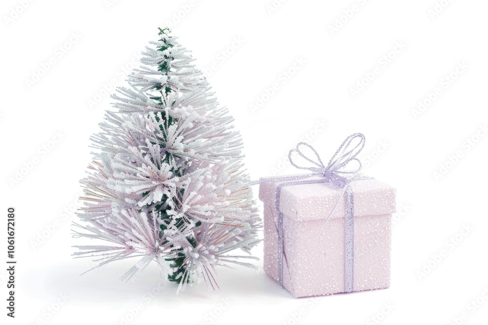 A small white Christmas tree stands next to a pink gift box, perfect for holiday decorations A small white Christmas tree stands next to a pink gift box, perfect for holiday decorations