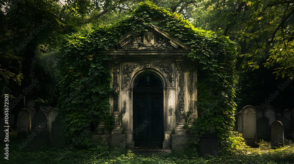 An ancient mausoleum covered in ivy, surrounded by shadowy graves.
