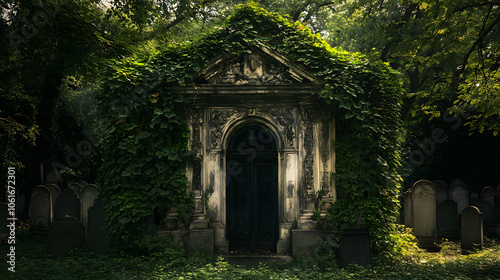 An ancient mausoleum covered in ivy, surrounded by shadowy graves.