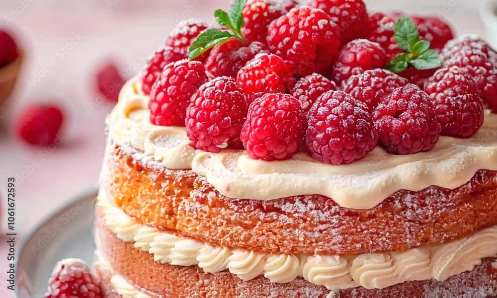 A delicious layered cake topped with fresh raspberries, perfect for celebrations.