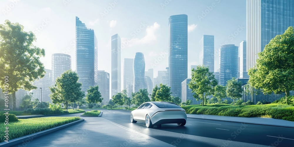 Naklejka premium An electric car drives through a modern cityscape, with skyscrapers and green spaces blending seamlessly in urban design.