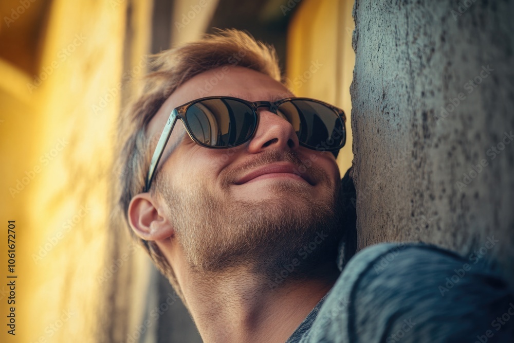 A person wearing sunglasses leans against a wall, casual and relaxed A person wearing sunglasses leans against a wall, casual and relaxed