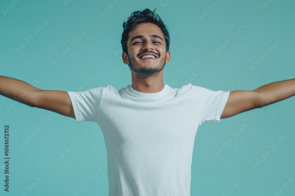 A person standing with their arms open, wearing a white t-shirt A person standing with their arms open, wearing a white t-shirt