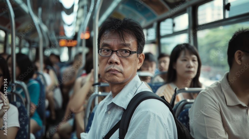 A thoughtful passenger gazes out the window during a crowded bus ride, pondering life's journeys amidst the city's daily rhythm. A thoughtful passenger gazes out the window during a crowded bus ride, pondering life's journeys amidst the city's daily rhythm.