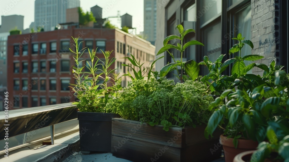 A container garden flourishes on an urban balcony, with an array of fresh herbs and plants basking in the city's morning light. A container garden flourishes on an urban balcony, with an array of fresh herbs and plants basking in the city's morning light.