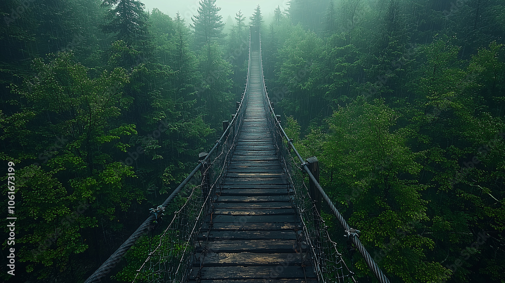 Suspension bridge in the forest, rainy day, green trees, misty rain and foggy weather. Suspension bridge in the forest, rainy day, green trees, misty rain and foggy weather.