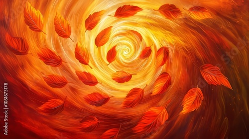 Vibrant Autumn Leaves Dancing in a Swirling Abstract Vortex of Warm Sunset Colors