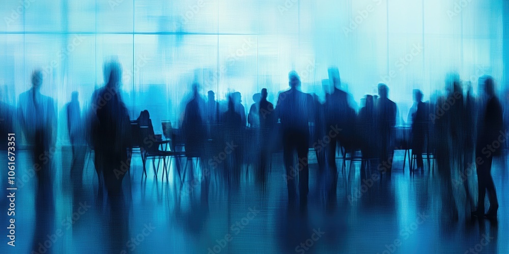 Blurred figures attending a press conference, depicted in a soft, abstract image where ambient lighting and abstract background details enhance the corporate setting. Blurred figures attending a press conference, depicted in a soft, abstract image where ambient lighting and abstract background details enhance the corporate setting.