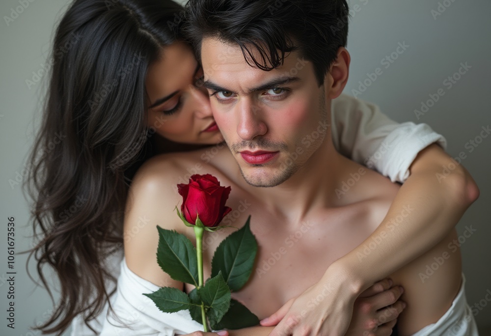 A loving couple shares an intimate moment as the woman embraces the man who holds a single red rose, symbolizing romance. A loving couple shares an intimate moment as the woman embraces the man who holds a single red rose, symbolizing romance.