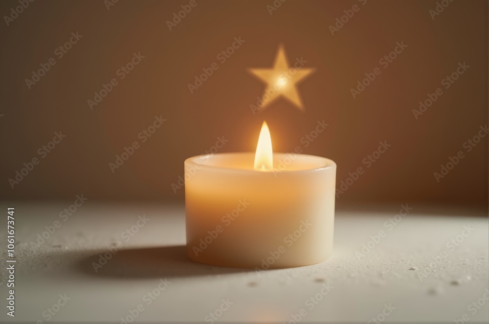Lit candle casting soft star-shaped shadow on background, symbolizing spirituality, Christmas, and Epiphany themes