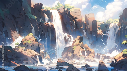 Waterfall falling from a rocky cliff, colorful anime style photo