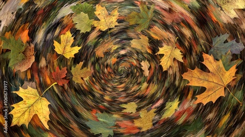 Vibrant Swirling Autumn Leaves Creating a Mesmerizing Spiral Pattern
