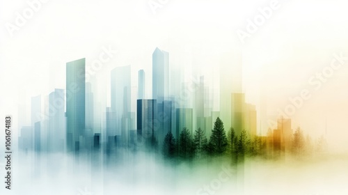 Futuristic cityscape blending with nature in a misty, serene atmosphere, AI