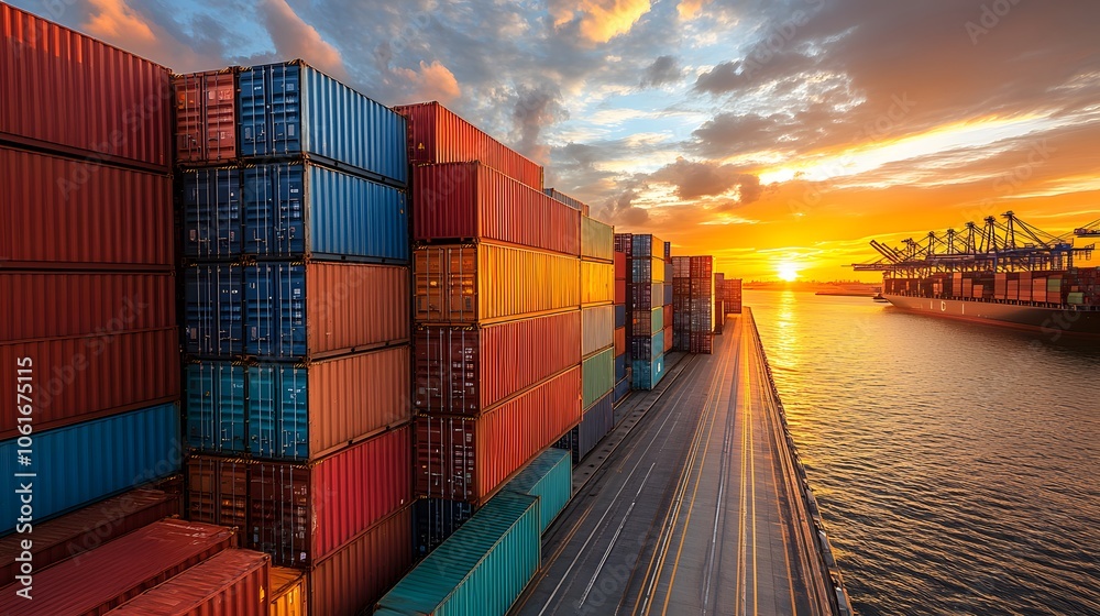 Fototapeta premium Airplane lifting off with large cargo bay, flying over sunrise horizon, global shipping network