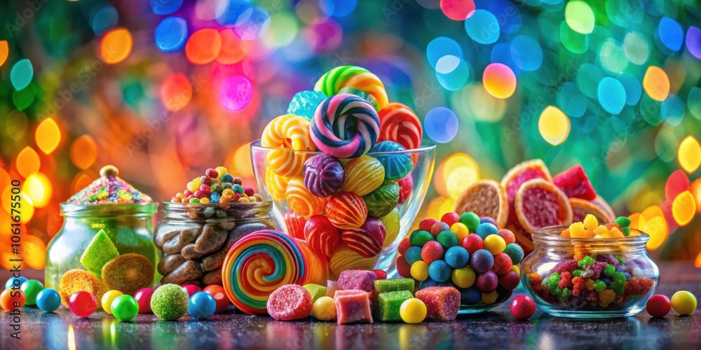 A vibrant collection of colorful candies, lollipops, and gum balls displayed on a table with a bokeh background. A vibrant collection of colorful candies, lollipops, and gum balls displayed on a table with a bokeh background.