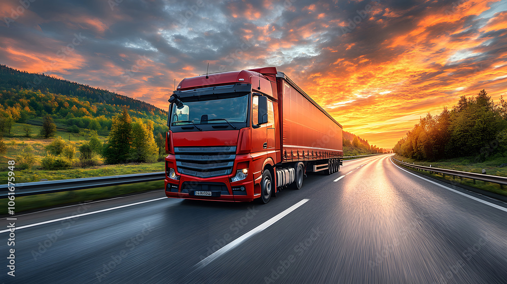 Shipping truck on deserted highway, expansive sky, efficient logistics network in action Shipping truck on deserted highway, expansive sky, efficient logistics network in action