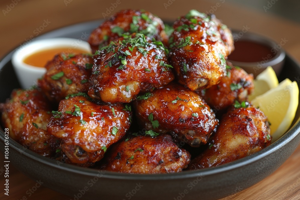Crispy, golden-brown chicken wings glazed. Generative AI Crispy, golden-brown chicken wings glazed. Generative AI