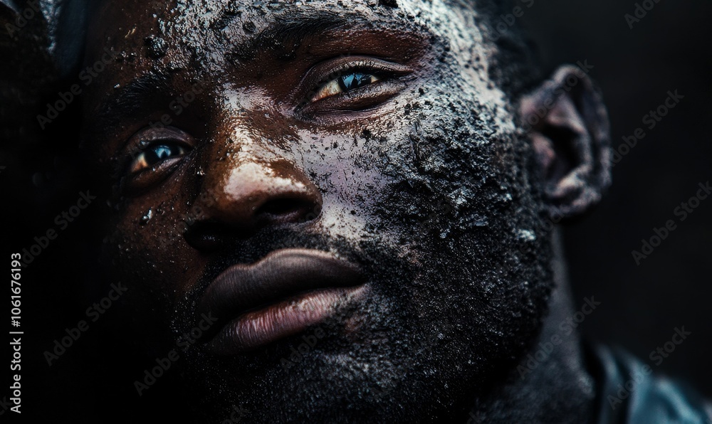 Close-up of a man's face covered in dirt. Close-up of a man's face covered in dirt.