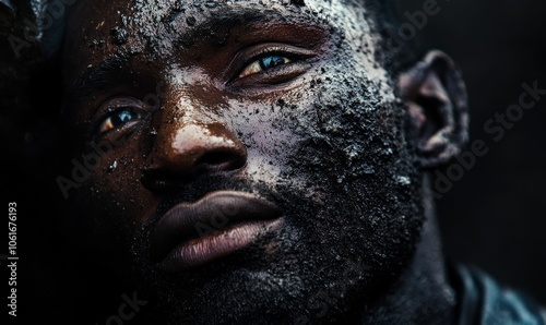 Close-up of a man's face covered in dirt.