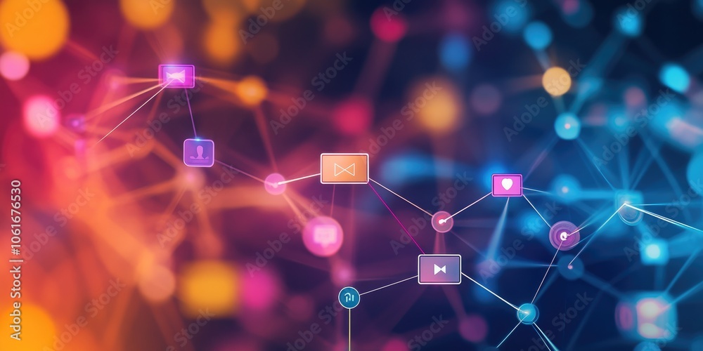 A digital marketing strategy is illustrated with animated lines linking social media platforms and mobile devices against a colorful, eye-catching background.