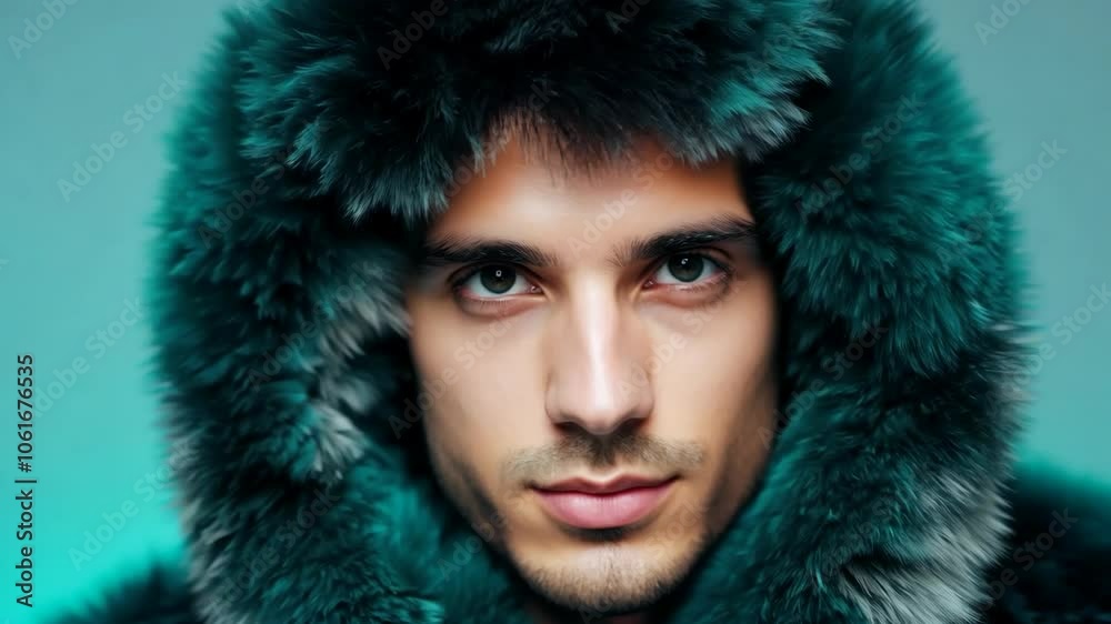 Young man in fluffy green hood embraces winter style Young man in fluffy green hood embraces winter style