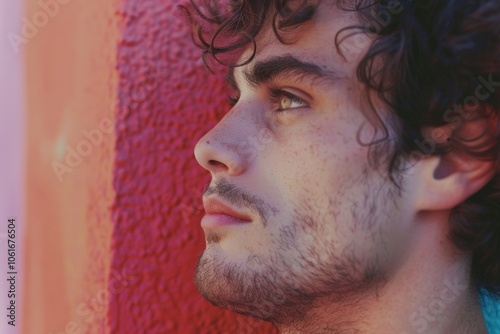 A person is standing in front of a bright red wall, details unclear photo