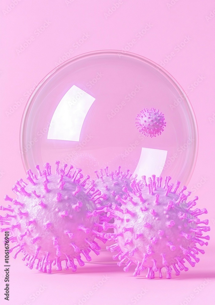 Obraz premium A vibrant, pink-themed image featuring stylized virus models and a petri dish, emphasizing a modern and artistic interpretation of microbiology.