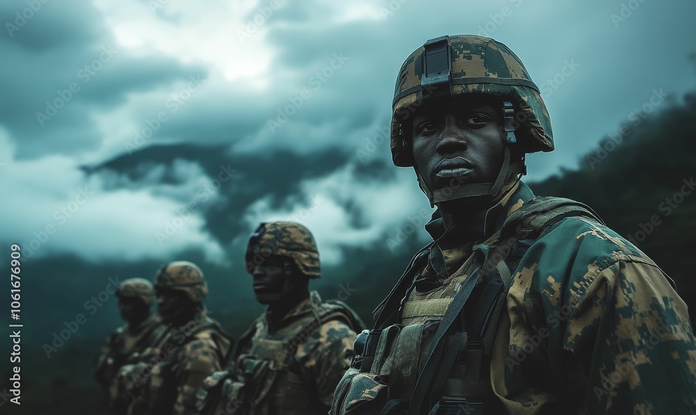 A soldier in camouflage looks forward, his team behind him. A soldier in camouflage looks forward, his team behind him.