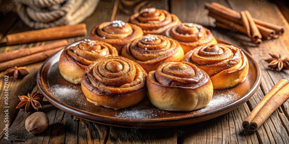 A plate of cinnamon rolls dusted with powdered sugar, surrounded by cinnamon sticks and star anise on a rustic wooden table. A plate of cinnamon rolls dusted with powdered sugar, surrounded by cinnamon sticks and star anise on a rustic wooden table.