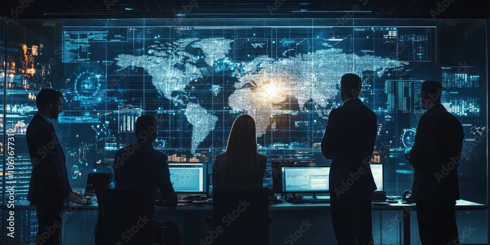 A group of financial analysts collaborates on evaluating new technologies, assessing their potential impact on financial performance. A group of financial analysts collaborates on evaluating new technologies, assessing their potential impact on financial performance.