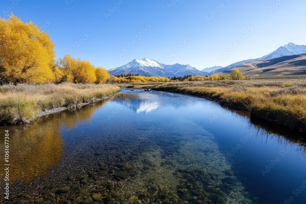 Tranquil mountain river stream flowing through lush greenery, inviting a cool escape into nature's beauty. Tranquil mountain river stream flowing through lush greenery, inviting a cool escape into nature's beauty.