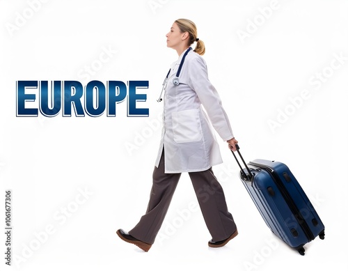 Female doctor leaving europe with rolling suitcase, medical brain drain concept photo