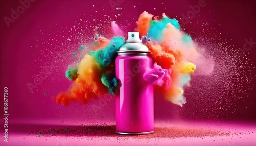  Pink aerosol can with cloud of colored powders stock photo 