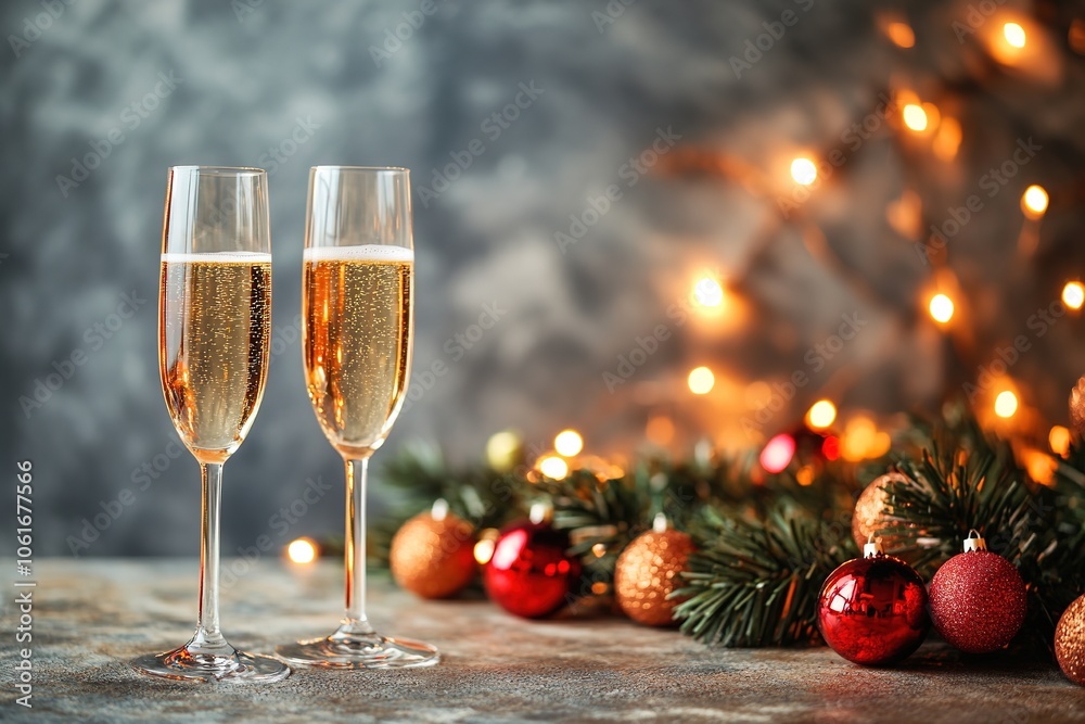 Champagne glasses with festive lights and holiday decor Champagne glasses with festive lights and holiday decor