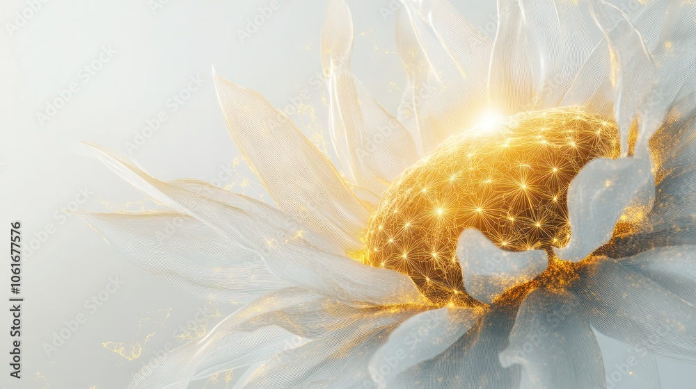 Fototapeta premium A breathtaking sunflower concept infused with quantum elements, displaying petals that are adorned with fractal designs and soft