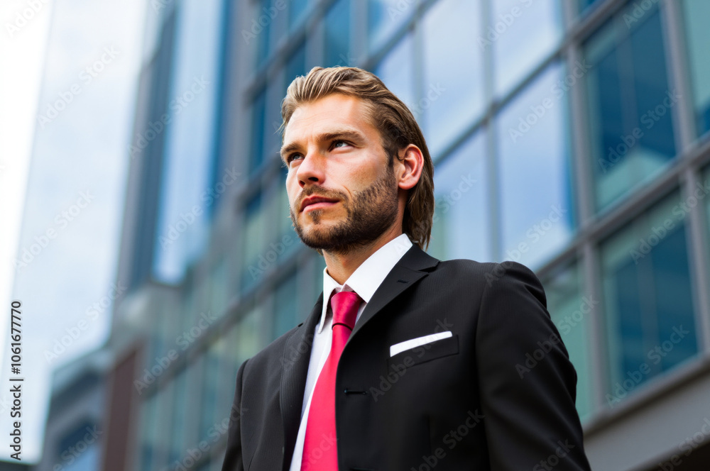 Businessman looking up to the sky with modern office building in background Businessman looking up to the sky with modern office building in background