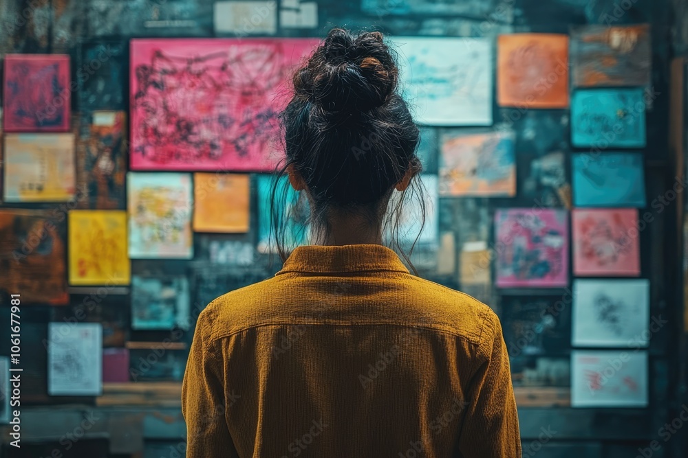 Artist looking at mood board with colorful drawings and sketches Artist looking at mood board with colorful drawings and sketches