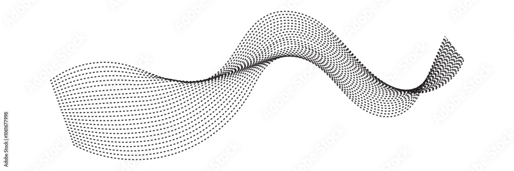Halftone dotted wave. Curved abstract wavy shape, wave with dot pattern, halftone circles texture Black dots flow business element. isolated on white background. Vector illustration. Halftone dotted wave. Curved abstract wavy shape, wave with dot pattern, halftone circles texture Black dots flow business element. isolated on white background. Vector illustration.
