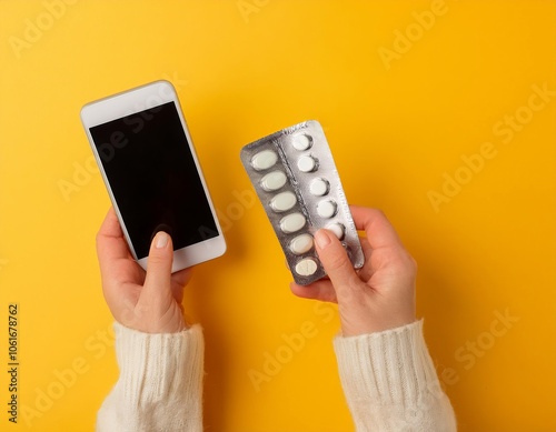 Wallpaper Mural Woman holding smartphone and blister pack of pills on yellow background Torontodigital.ca