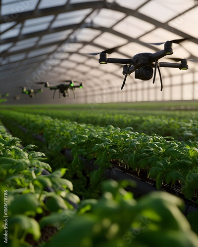 Drone flying over rows of plants in a greenhouse