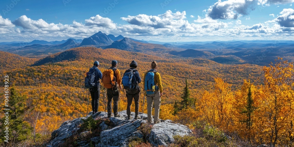 Fototapeta premium Hikers enjoying panoramic view of autumn mountains in the laurentians, quebec, canada