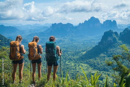 Hikers admiring breathtaking mountain vista in lush green valley