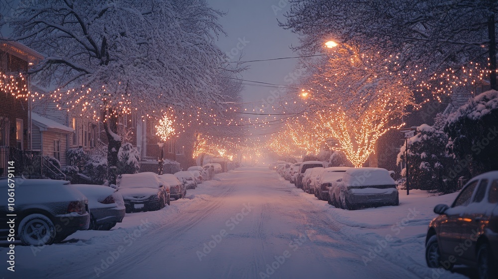 Snow covered street with christmas lights illuminating the snowy night Snow covered street with christmas lights illuminating the snowy night