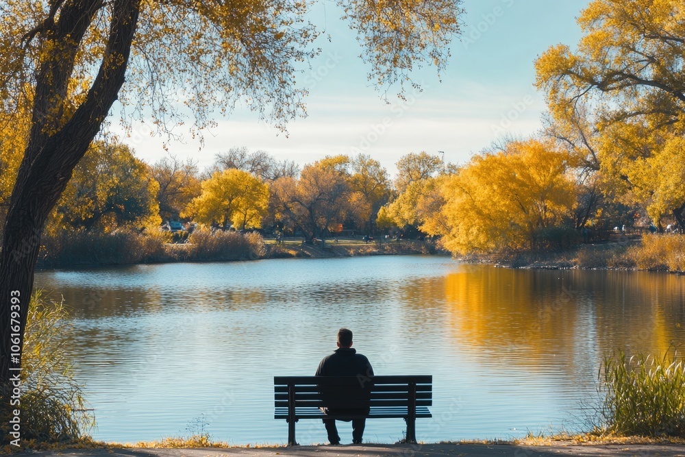 Man sitting on bench by lake enjoying autumn foliage Man sitting on bench by lake enjoying autumn foliage