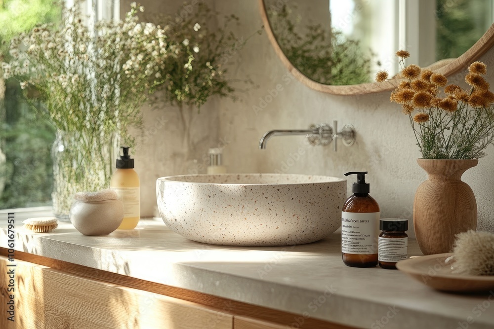 Modern bathroom sink with organic toiletries and flowers illuminating wellness