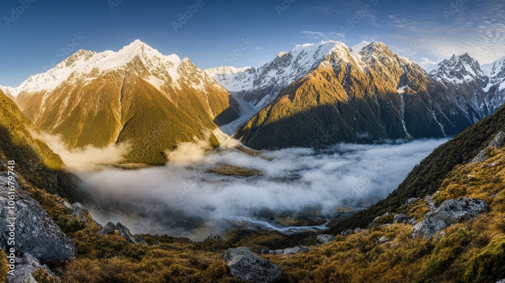 Obraz premium Mountain Valley Embraced by Low-Lying Clouds
