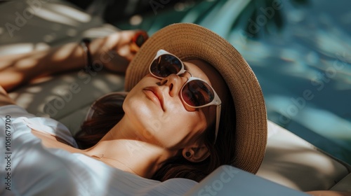 A woman reclines on a comfortable couch, wearing a hat and sunglasses, enjoying some relaxation time photo