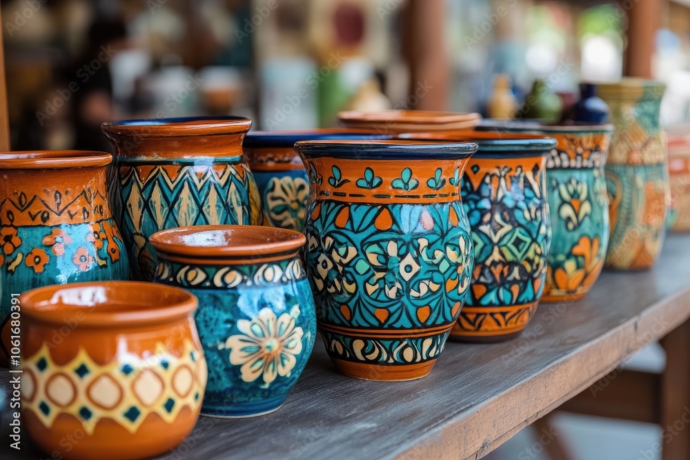 Colorful ceramic pots displayed on wooden shelf, showcasing traditional craftsmanship Colorful ceramic pots displayed on wooden shelf, showcasing traditional craftsmanship